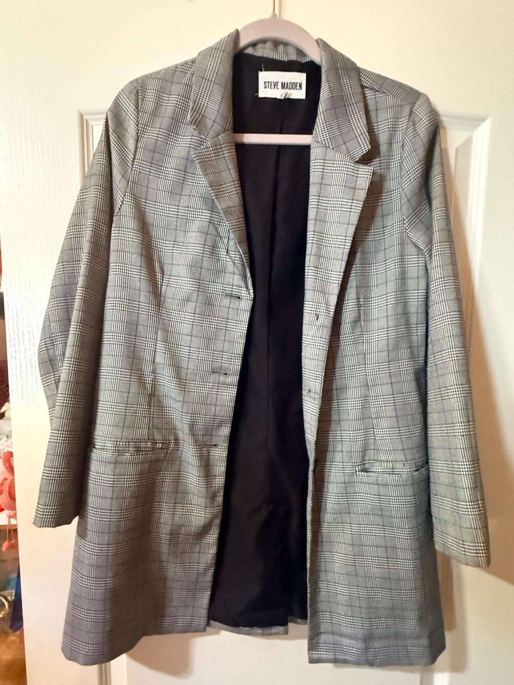 Steve Madden Black & Gray Plaid Longline Blazer (S)